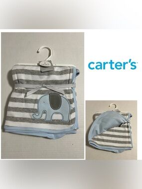 🆕CARTER’S - NWT - 34”X28” - INFANT BOYS REVERSIBLE ELEPHANT STRIPE BLANKET